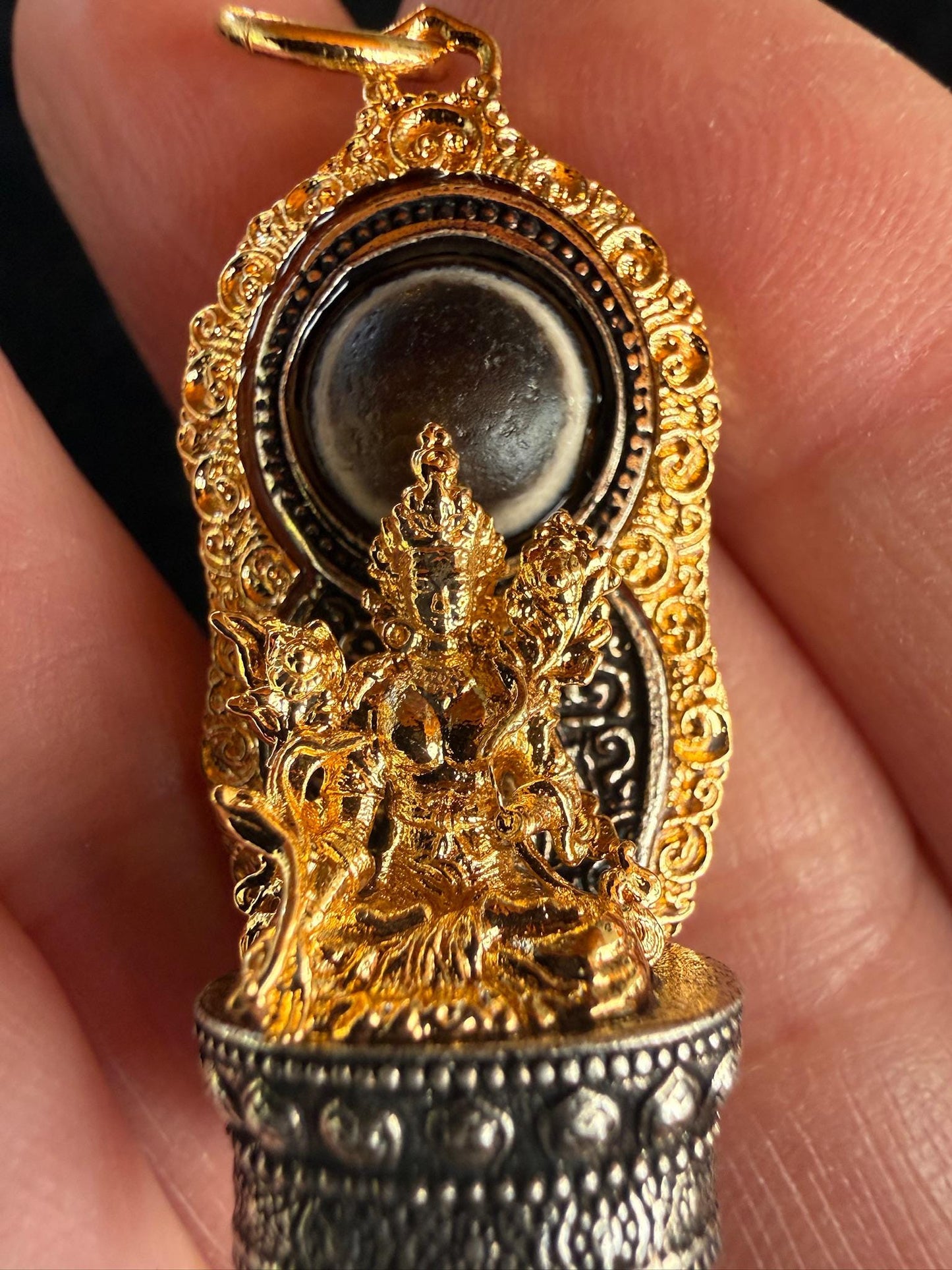 Green Tara Dzi Pendant | Approx 1.50 inches long x .75 inches wide