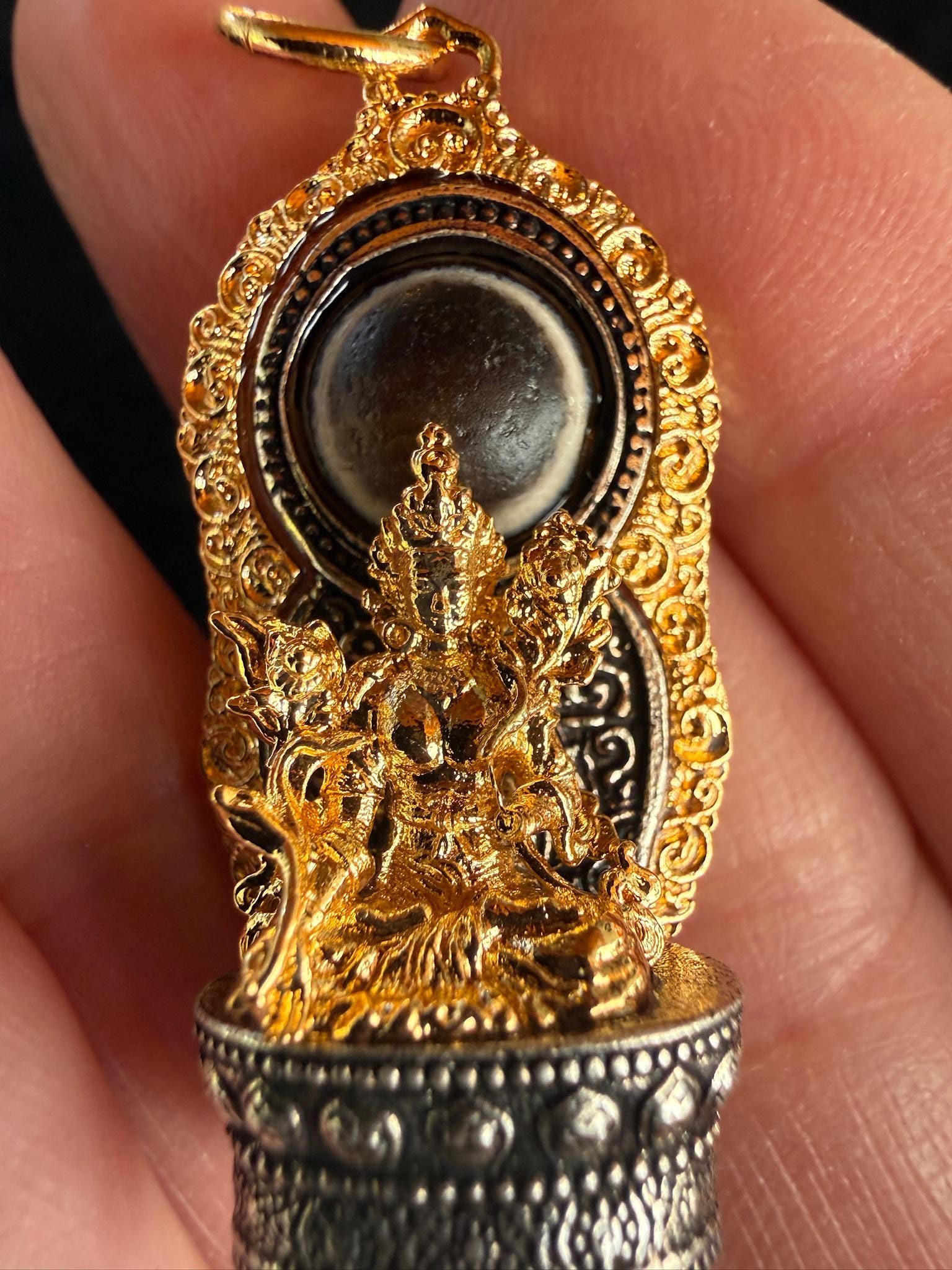 Green Tara Dzi Pendant | Approx 1.50 inches long x .75 inches wide