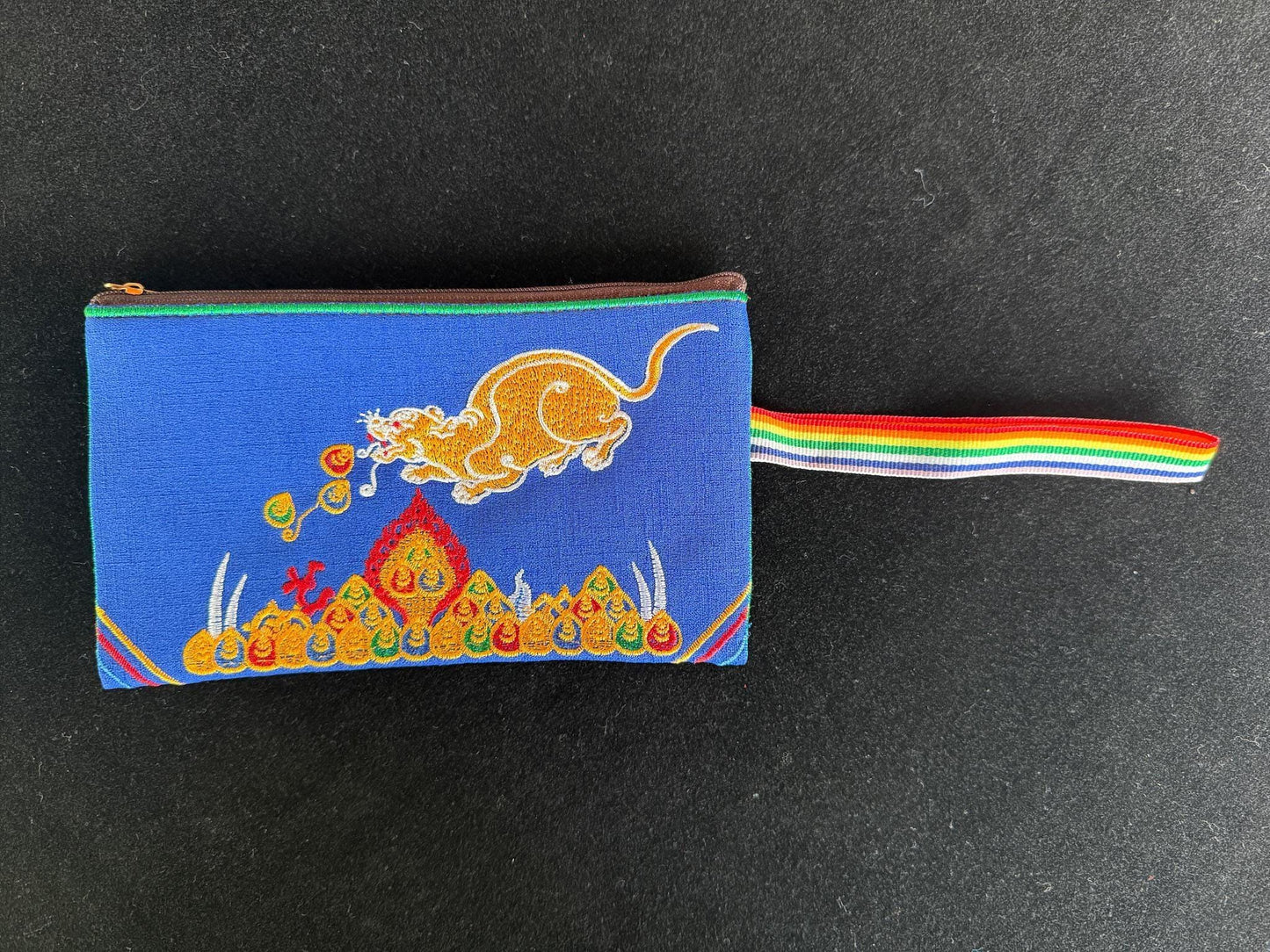 Jewel Spitting Mongoose Embroidered Pouch | Zippered | Approx 4in x 7.5in | Tibet | Nehulay | 1 pouch burgundy, green, or blue