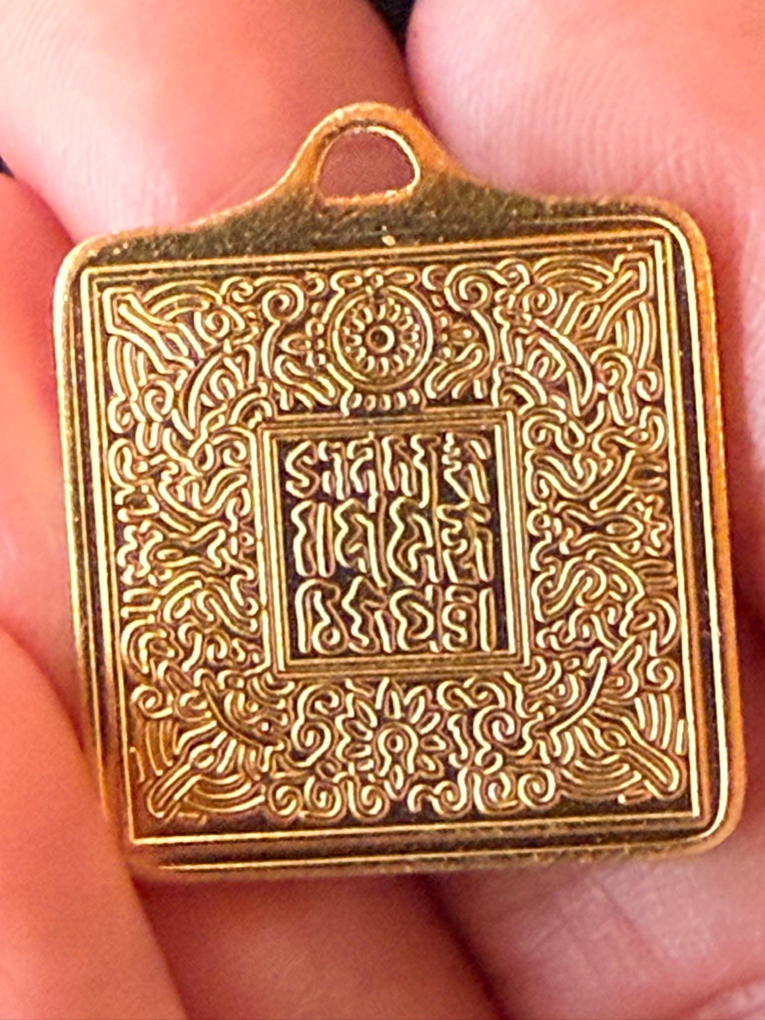 Guru Padmasambhava Subduing Vajra Seal Pendant | Bronze Gilt | Approx 7/8 inches square | Tibet | | 1 cord included