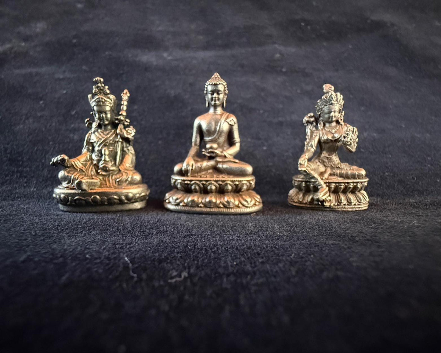 Small Statue Trio | Buddha Shakyamuni | Guru Padmasambhava | Green Tara | White Brass | Approx. 1.25in High