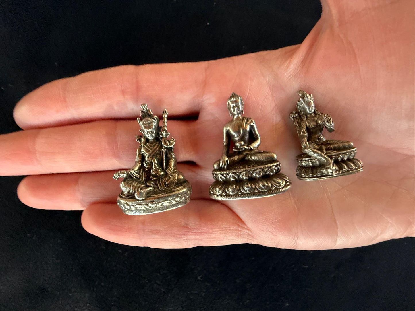 Small Statue Trio | Buddha Shakyamuni | Guru Padmasambhava | Green Tara | White Brass | Approx. 1.25in High