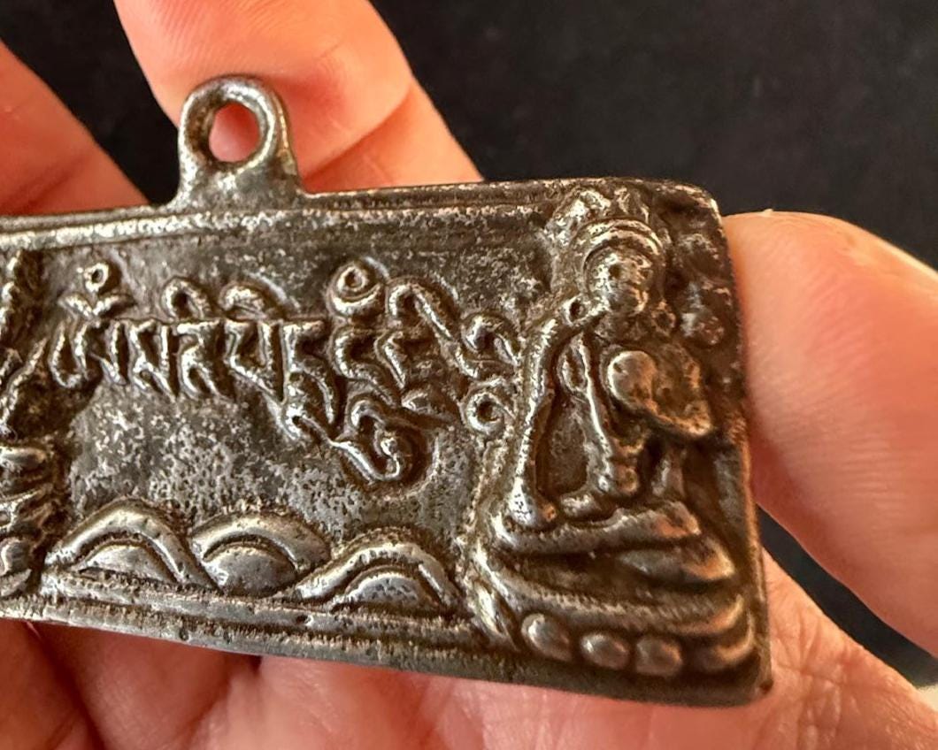 Guru Rinpoche and White Tara Charm | Metal | Approx 2 3/8in x 1in | Tibet | Thogchag