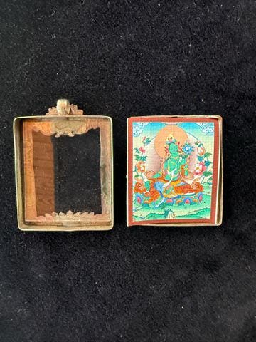 Tiny Thangka Green Tara Locket Pendant | Approx 1.5 in by 2 in | Nepal | Gau