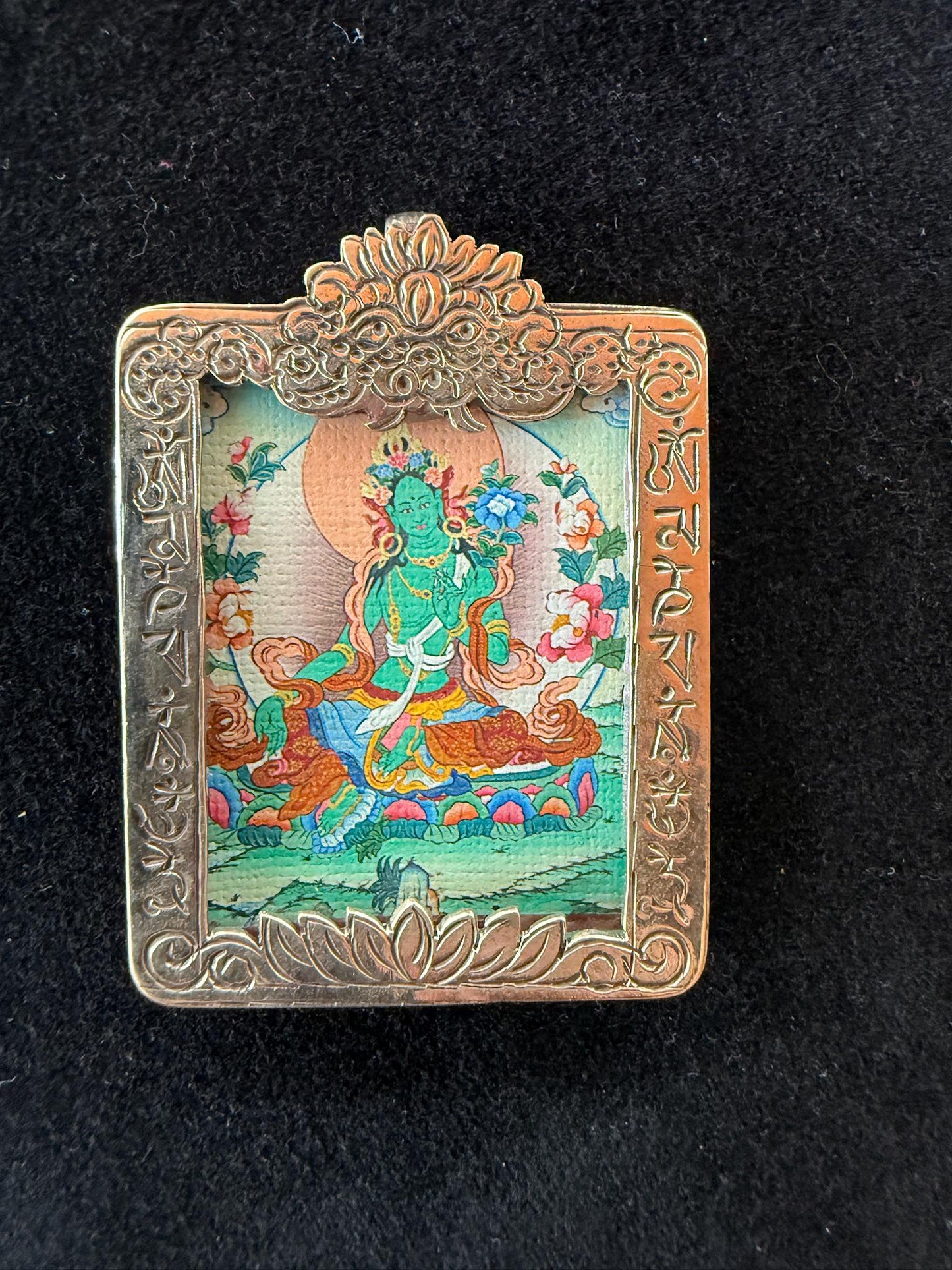 Tiny Thangka Green Tara Locket Pendant | Approx 1.5 in by 2 in | Nepal | Gau