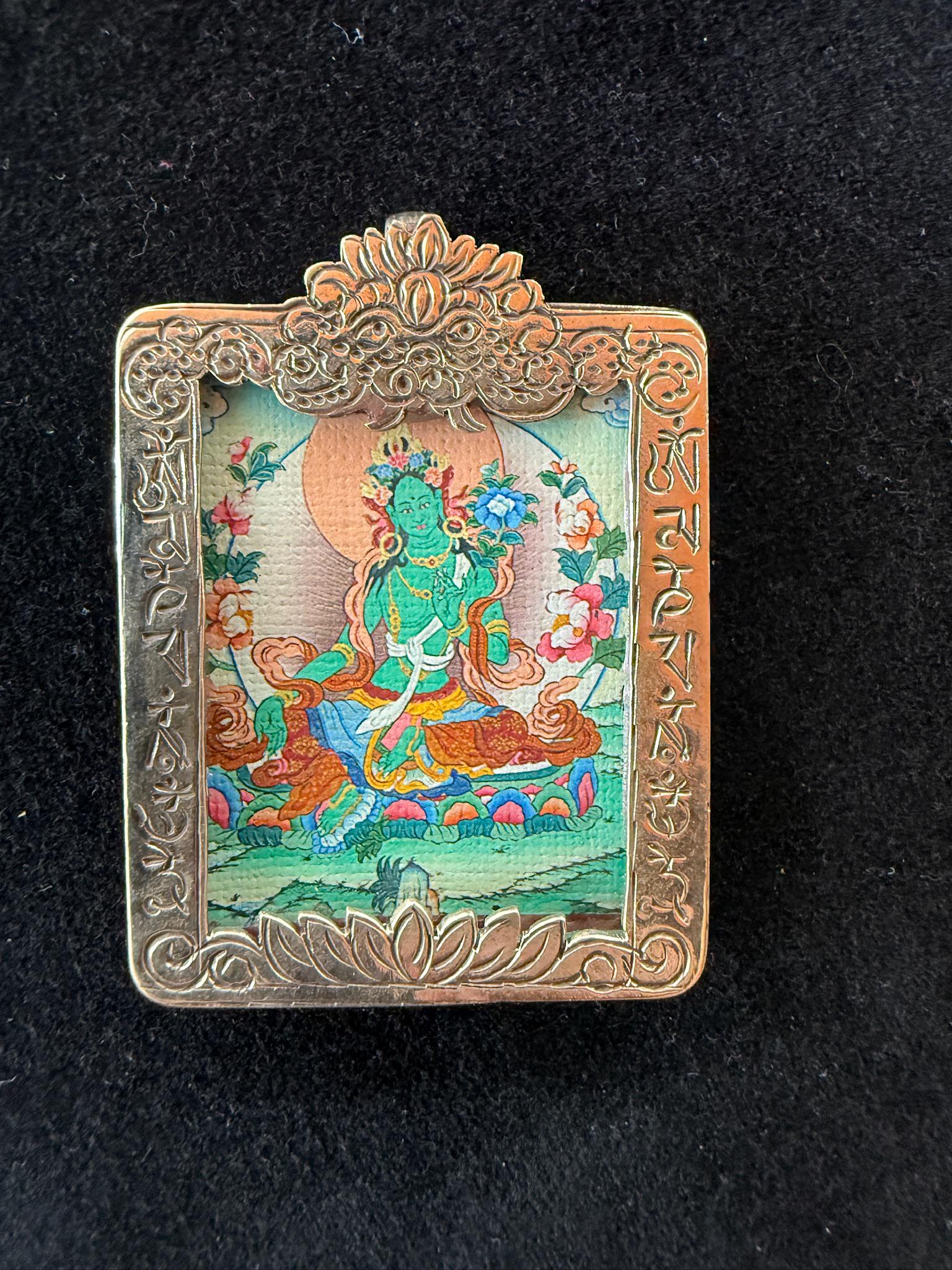Tiny Thangka Green Tara Locket Pendant | Approx 1.5 in by 2 in | Nepal | Gau