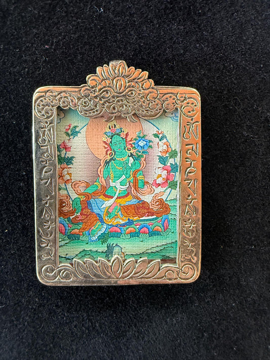 Tiny Thangka Green Tara Locket Pendant | Approx 1.5 in by 2 in | Nepal | Gau