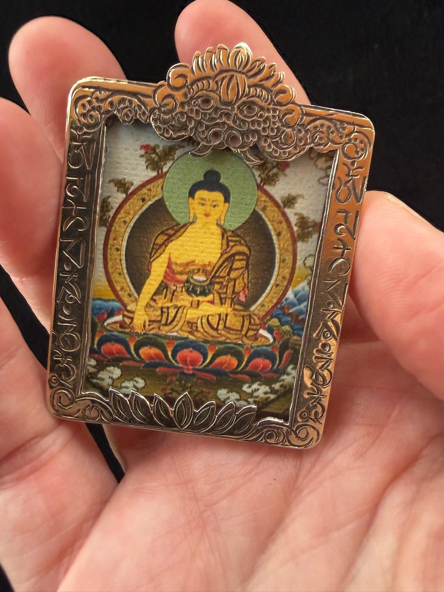 Tiny Thangka Buddha Shakyamuni Locket Pendant | Approx 1.5 in by 2 in | Nepal | Gau