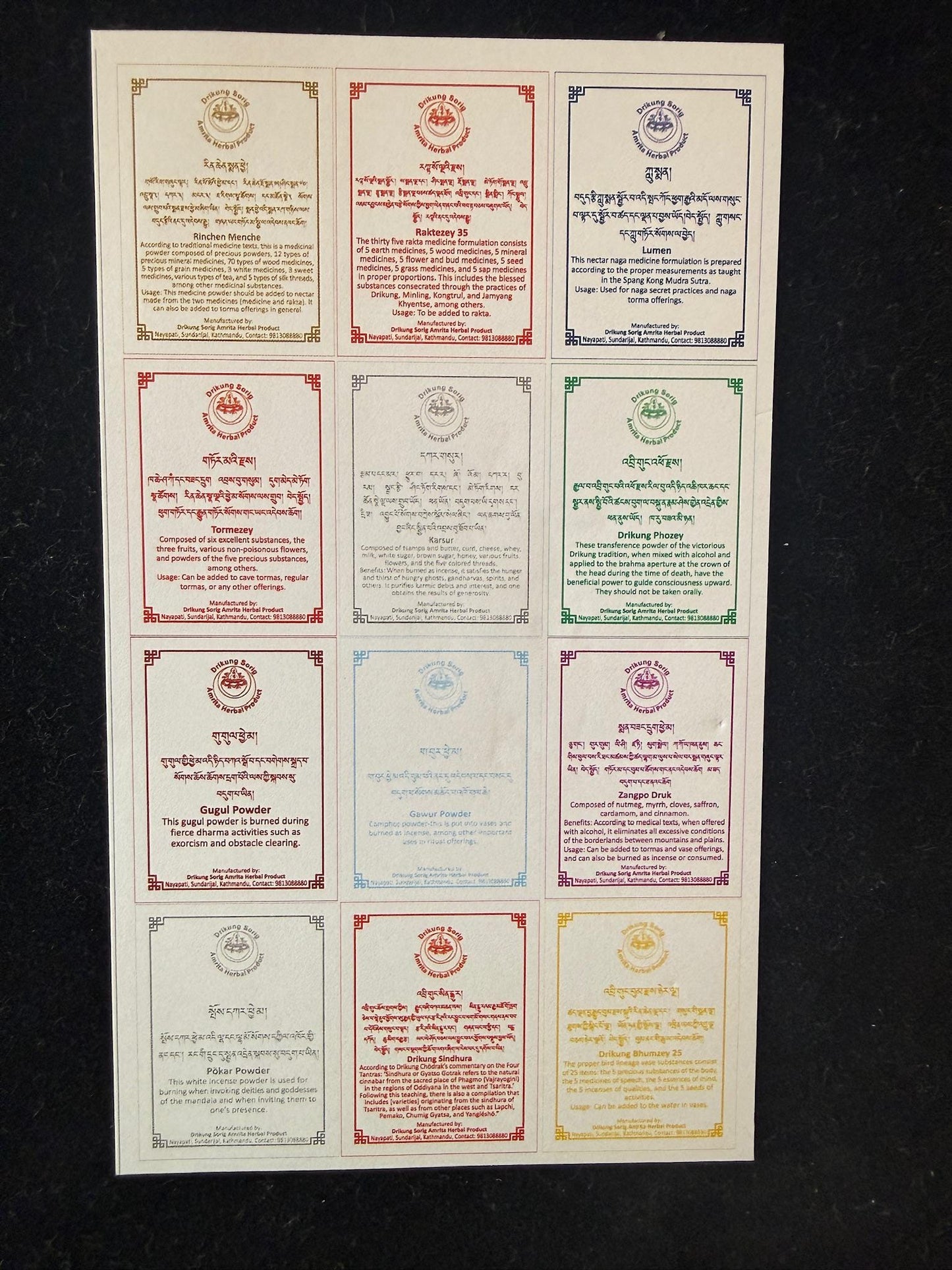 Comprehensive Ritual Medicine Formula | Nepal | Box Set -12 different substances | Drikung Sorig Amrita Herbal Product