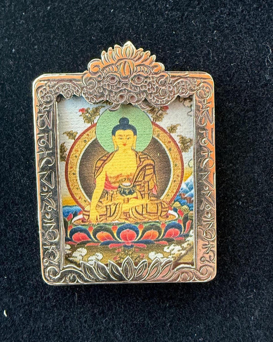 Tiny Thangka Buddha Shakyamuni Locket Pendant | Approx 1.5 in by 2 in | Nepal | Gau