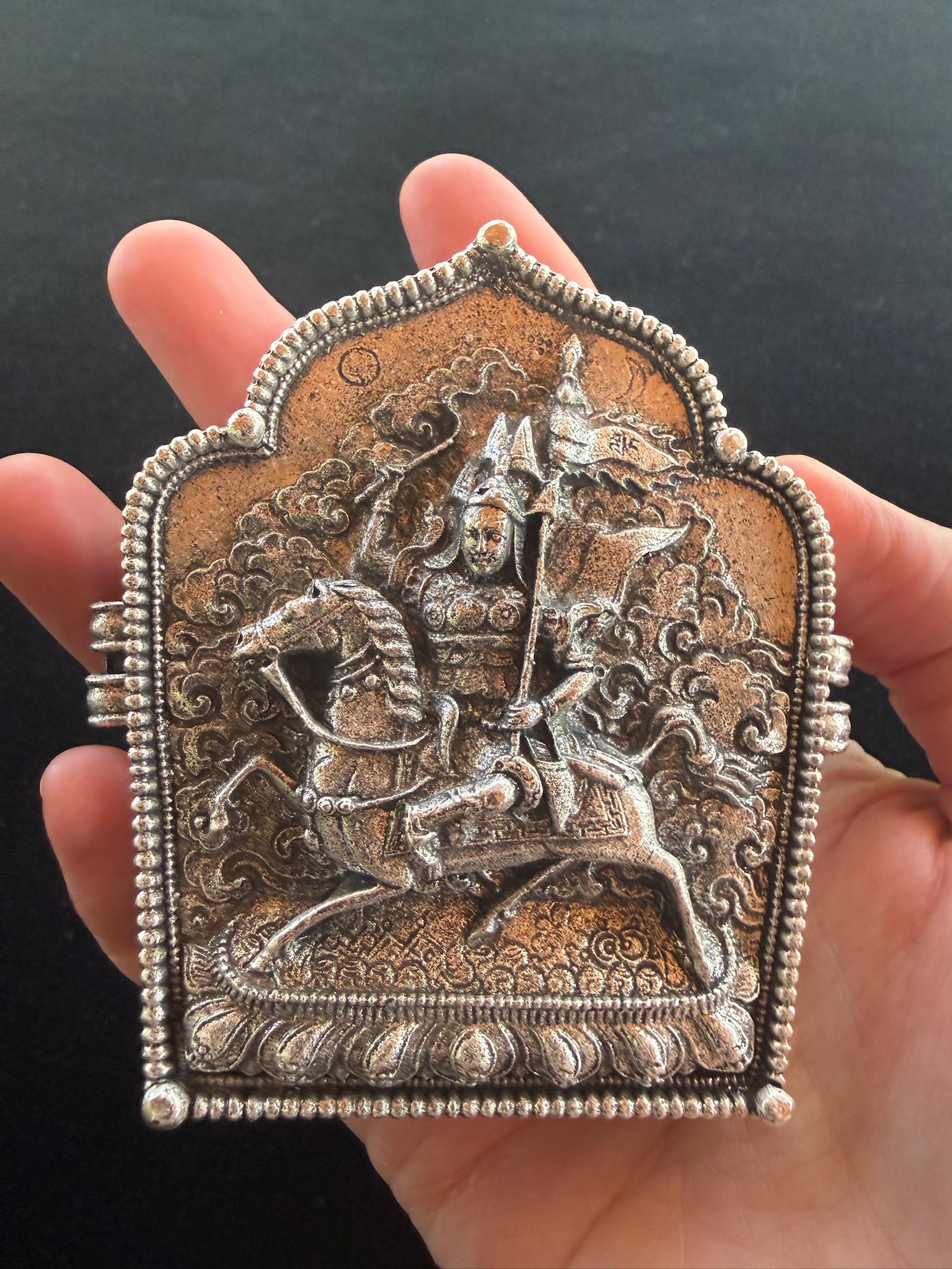 King Gesar Ghau Amulet Box | Metal | Approx 3.5 in by 2.75 in | Tibet