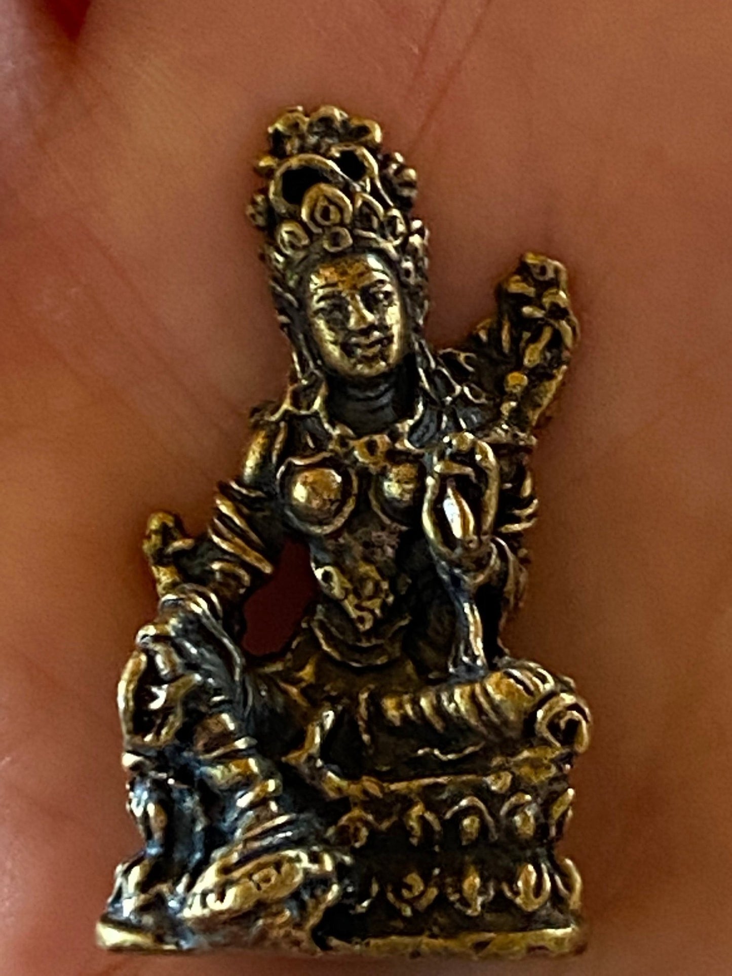 Tiny Brass Green Tara Statue (Style 1) | Handmade | 1.38 inches by .79 inches - The Incense Stick