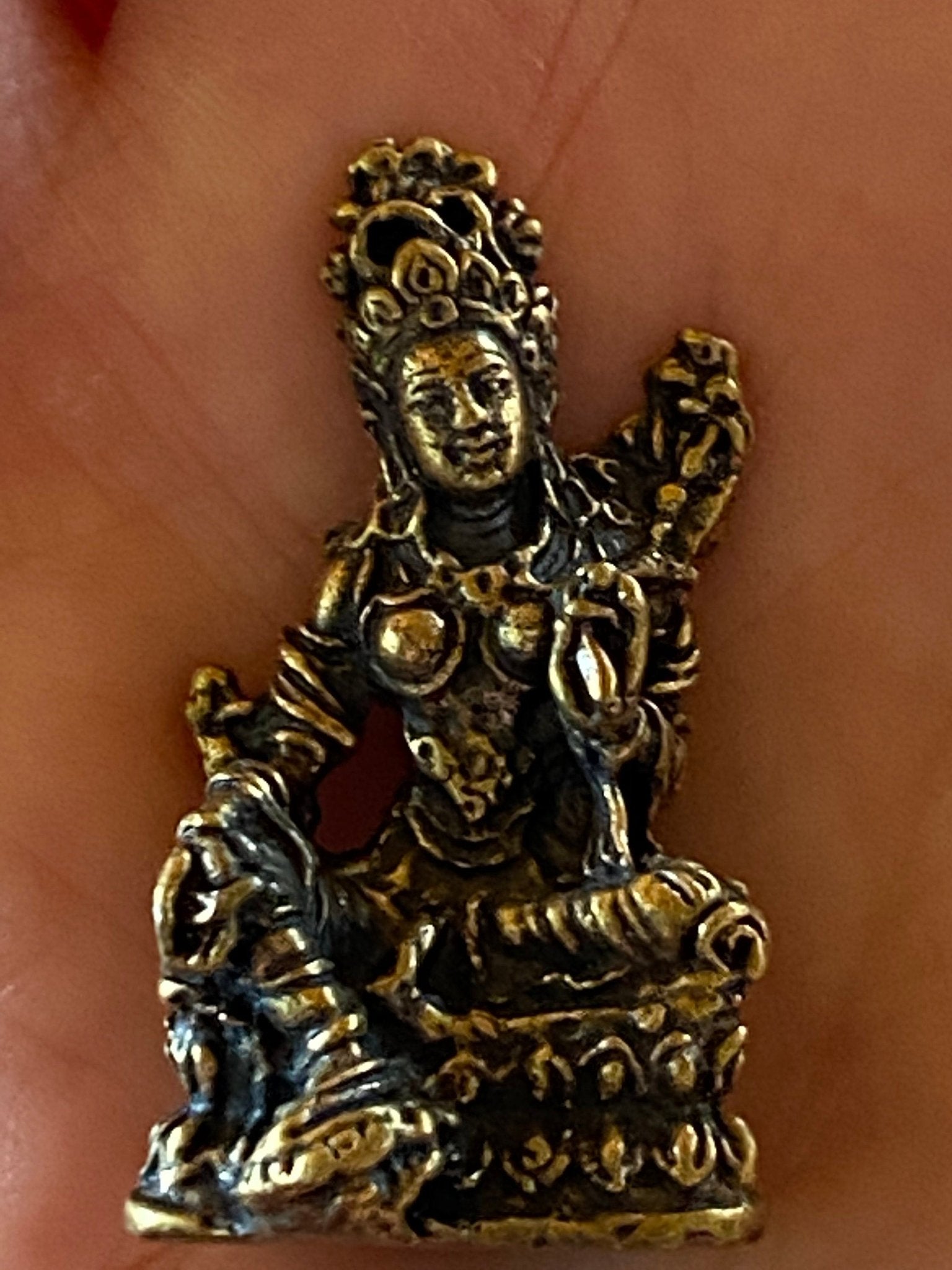 Tiny Brass Green Tara Statue (Style 1) | Handmade | 1.38 inches by .79 inches - The Incense Stick