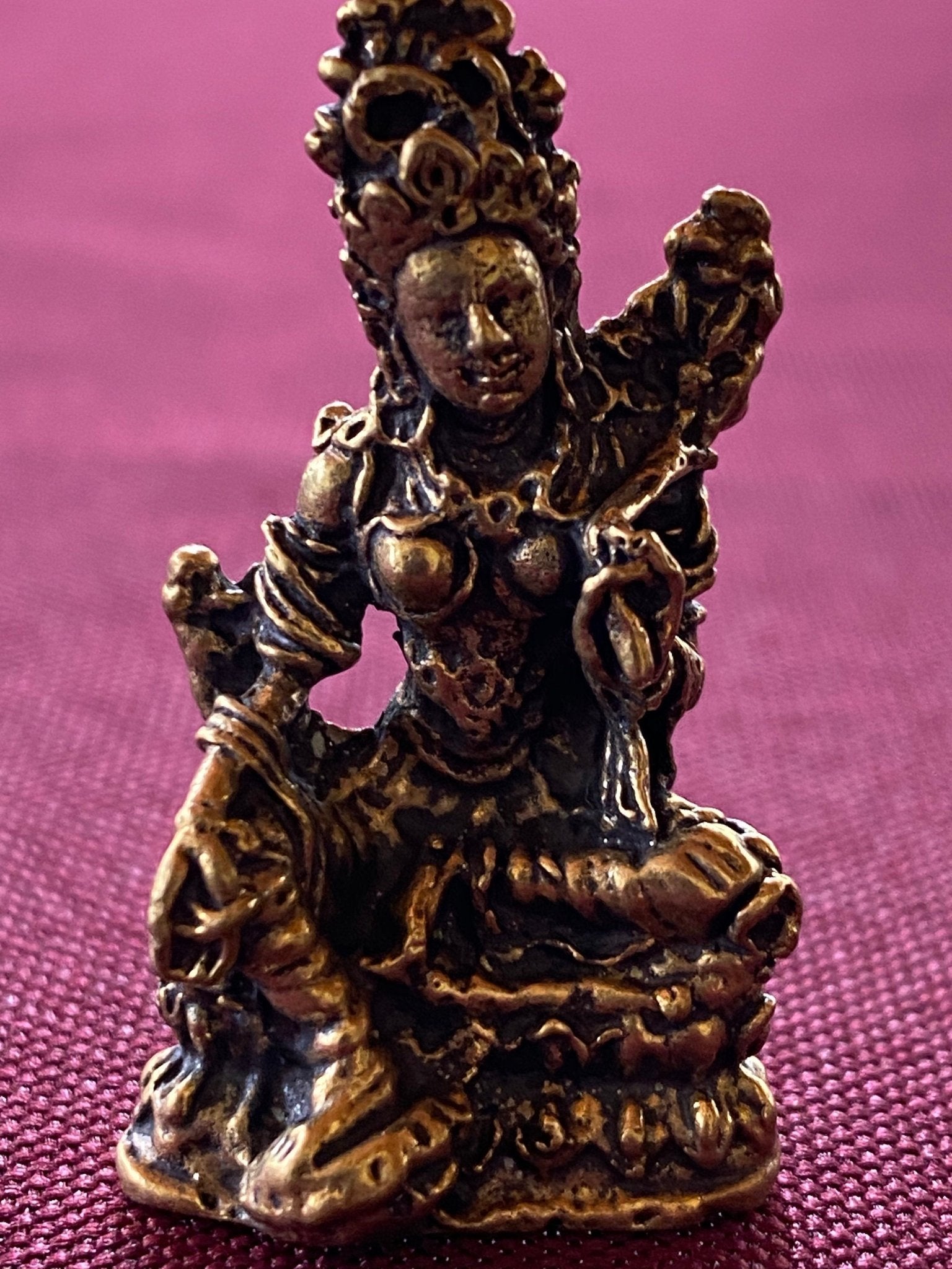 Tiny Brass Green Tara Statue (Style 1) | Handmade | 1.38 inches by .79 inches - The Incense Stick