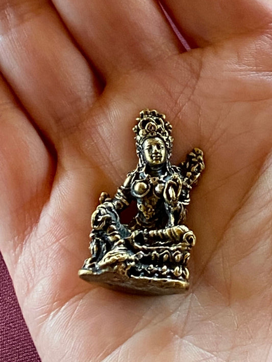 Tiny Brass Green Tara Statue (Style 1) | Handmade | 1.38 inches by .79 inches - The Incense Stick