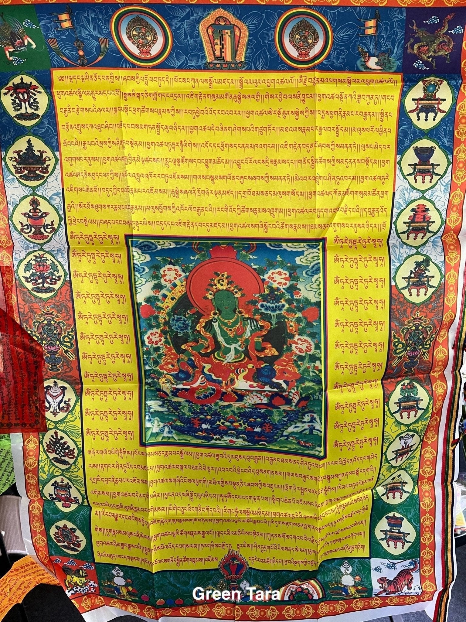 Huge Green Tara Prayer Flag Banner |Tibetan Prayer Flags | 27in x 36in | 1 single flag | Poly Silk | vertical flag or wall - The Incense Stick