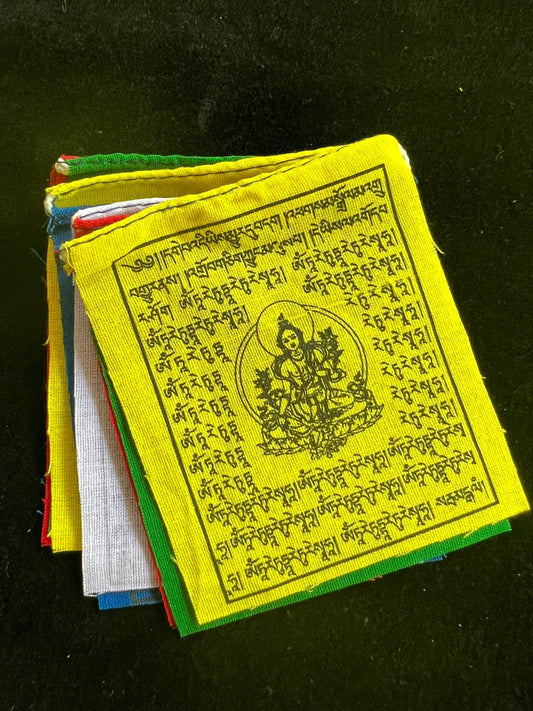 Tiny Green Tara Tibetan Prayer Flags | 2.7in x 3.3in | 1 set of 10 flags | Jetsun Dölma - The Incense Stick